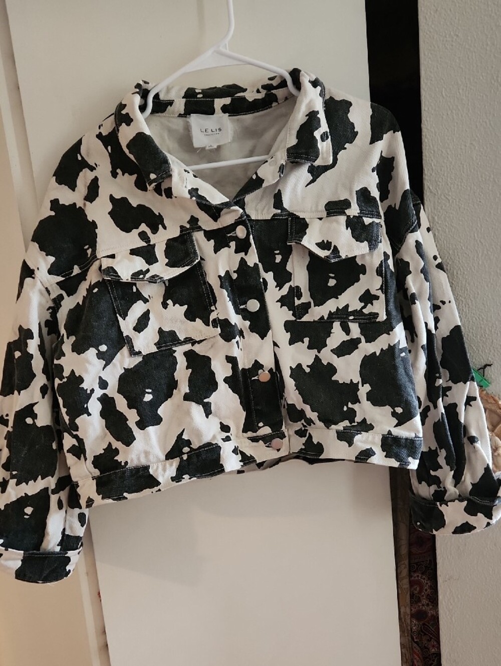 Le Lis Cow Print LADIES Denim Jacket with Black Trim Sz L